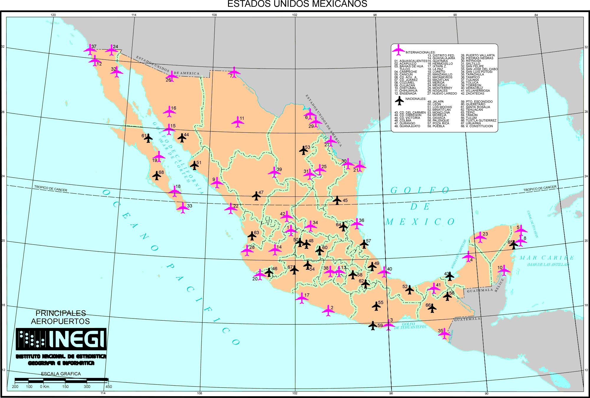 Map of Mexico airports: airports location and international airports of